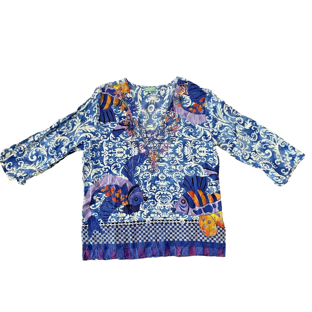 Antica Sartoria Fish Beaded V-Neck Cotton Tunic Coverup Top L/XL Art To Wear